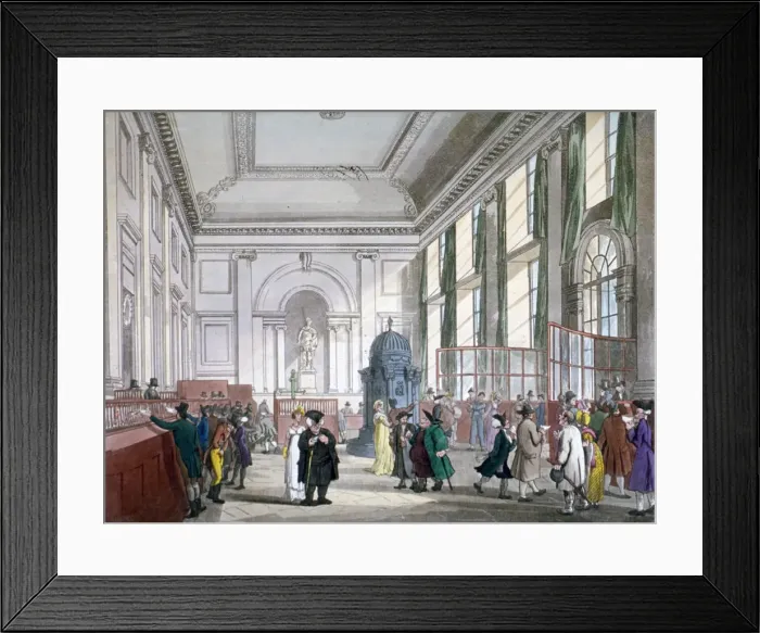 Framed Print : The Great Hall at Bank of England, City of London, 1809; with customers. and employees Framed Print : The Great Hall at Bank of England, City of London, 1809; with customers. and employees