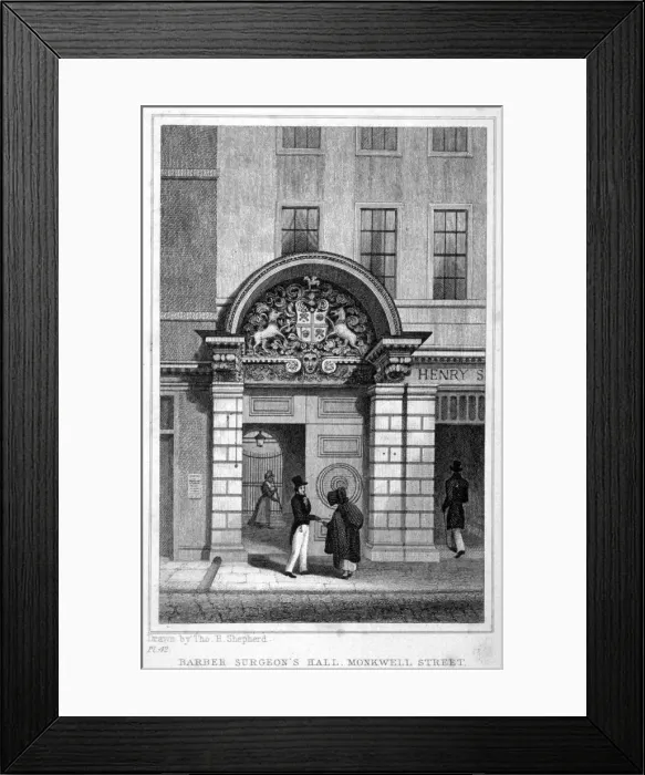 Framed Print : Entrance to Barber Surgeons Hall, City of London, 1830. Artist: John Greig Framed Print : Entrance to Barber Surgeons Hall, City of London, 1830. Artist: John Greig
