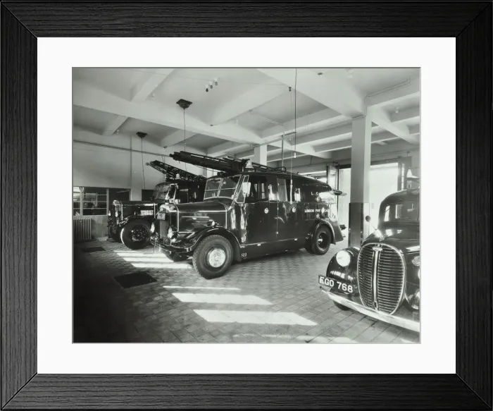 Framed Print : Fire engines at Battersea Fire Station, Este Road, Battersea, London, 1938 Framed Print : Fire engines at Battersea Fire Station, Este Road, Battersea, London, 1938