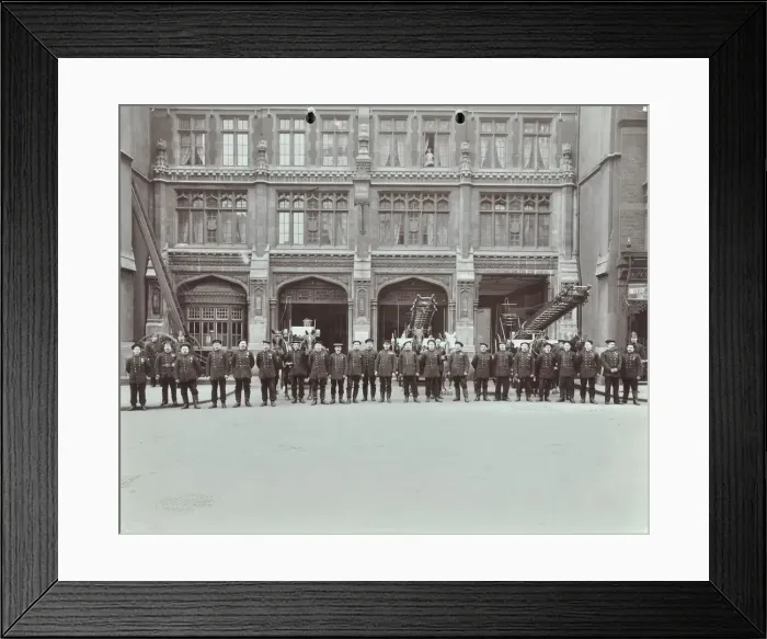 Framed Print : Firemen lined up outside Bishopsgate Fire Station, Bishopsgate, City of London, 1908 Framed Print : Firemen lined up outside Bishopsgate Fire Station, Bishopsgate, City of London, 1908