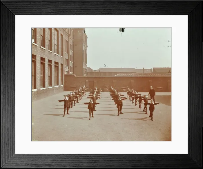 Framed Print : Drill in playground, Alma Boys School, Bermondsey, London, 1908 Framed Print : Drill in playground, Alma Boys School, Bermondsey, London, 1908