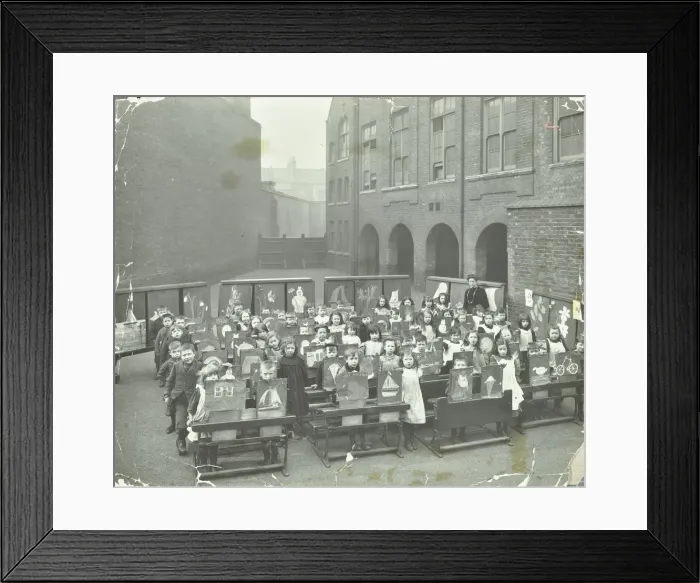 Framed Print : Children displaying their drawings, Flint Street School, Southwark, London, 1908 Framed Print : Children displaying their drawings, Flint Street School, Southwark, London, 1908