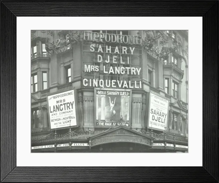 Framed Print : Illuminated advertisements on the front of The Hippodrome, Charing Cross Road, London, 1911 Framed Print : Illuminated advertisements on the front of The Hippodrome, Charing Cross Road, London, 1911