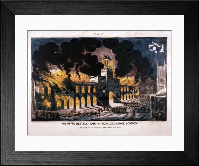 Framed Print : The Awful Destruction of the Royal Exchange (2nd) fire, London, 1838. Artist: W Clerk Framed Print : The Awful Destruction of the Royal Exchange (2nd) fire, London, 1838. Artist: W Clerk
