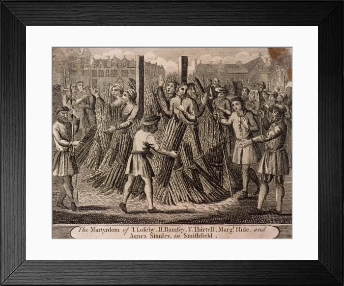 Framed Print : Depiction of the protestant martyrs, West Smithfield, London, c1750 Framed Print : Depiction of the protestant martyrs, West Smithfield, London, c1750