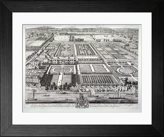 Framed Print : Aerial view of the seat of the Dukes of Beaufort, Chelsea, London, c1720. Artist Framed Print : Aerial view of the seat of the Dukes of Beaufort, Chelsea, London, c1720. Artist