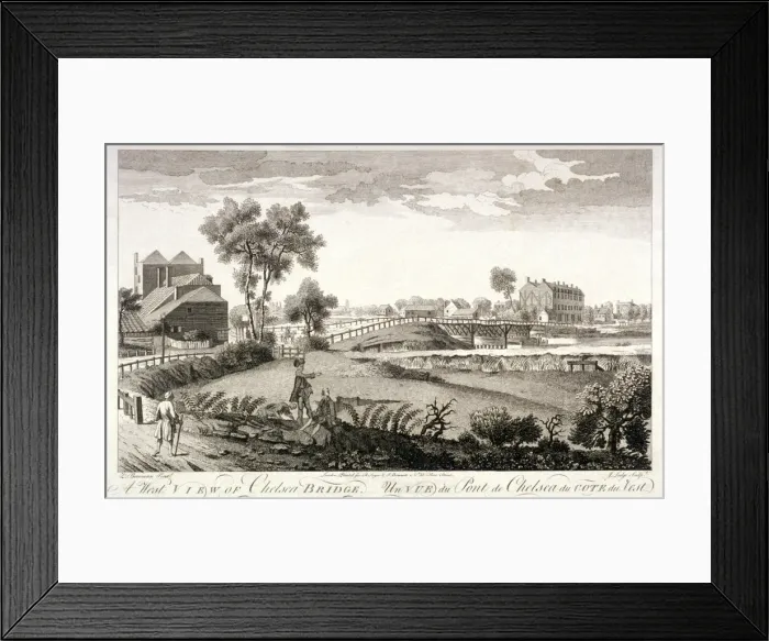 Framed Print : West view of Chelsea Bridge, London, c1760. Artist: William Lodge Framed Print : West view of Chelsea Bridge, London, c1760. Artist: William Lodge
