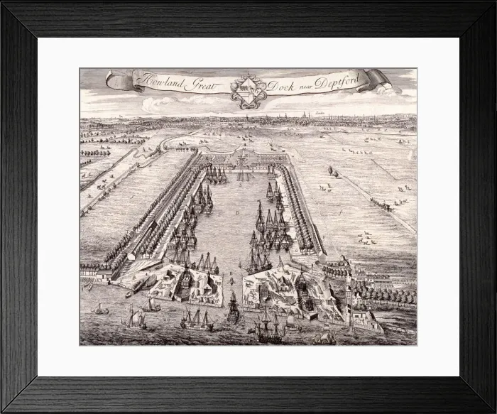 Framed Print : Aerial view of Howland Great Dock, Rotherhithe, Bermondsey, London, c1717. Artist Framed Print : Aerial view of Howland Great Dock, Rotherhithe, Bermondsey, London, c1717. Artist