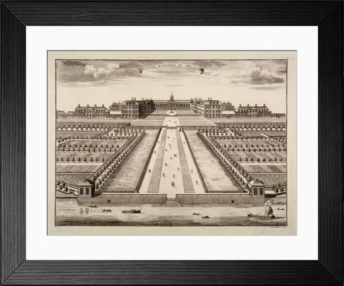 Framed Print : Bird s-eye view of the Royal Hospital, Chelsea, London, c1750. Artist: Sutton Nicholls Framed Print : Bird s-eye view of the Royal Hospital, Chelsea, London, c1750. Artist: Sutton Nicholls