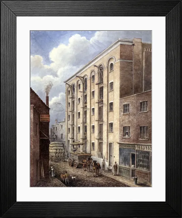 Framed Print : Hays Wharf with carts being loaded up outside, Bermondsey, London, 1834. Artist Framed Print : Hays Wharf with carts being loaded up outside, Bermondsey, London, 1834. Artist