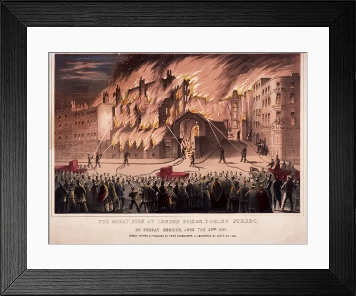 Framed Print : Firemen fighting the blaze at the Cottons Wharf Fire, Bermondsey, London, 1861 Framed Print : Firemen fighting the blaze at the Cottons Wharf Fire, Bermondsey, London, 1861