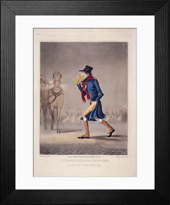 Framed Print : A thoroughbred November and London particular, 1827. Artist: George Hunt Framed Print : A thoroughbred November and London particular, 1827. Artist: George Hunt