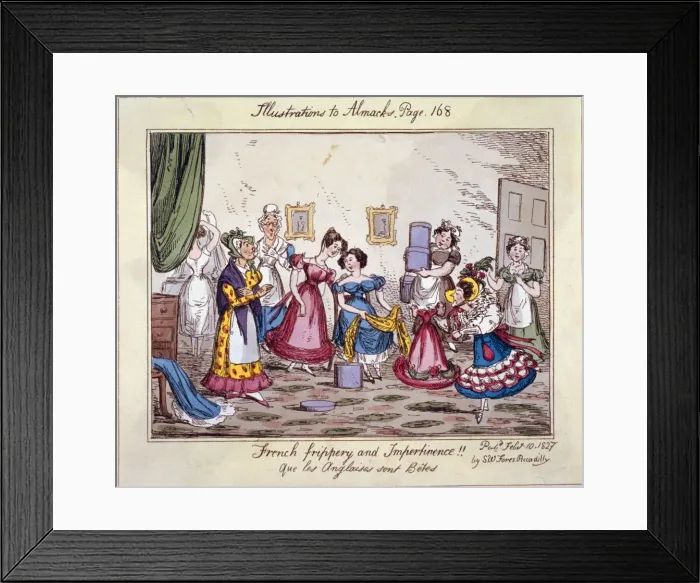 Framed Print : French frippery and impertinence!! Que les Anglaises sont Betes, 1827. Artist Framed Print : French frippery and impertinence!! Que les Anglaises sont Betes, 1827. Artist