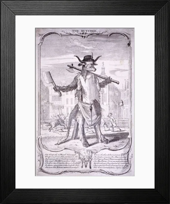 Framed Print : The butcher, 1740. Artist: George Bickham Framed Print : The butcher, 1740. Artist: George Bickham