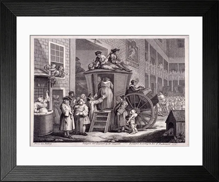 Framed Print : The stage-coach, or the country inn yard, 1747. Artist: William Hogarth Framed Print : The stage-coach, or the country inn yard, 1747. Artist: William Hogarth