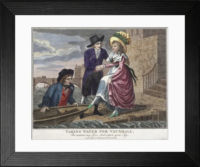 Framed Print : Taking water for Vauxhall, be careful my love, don t expose your leg, London, 1790 Framed Print : Taking water for Vauxhall, be careful my love, don t expose your leg, London, 1790