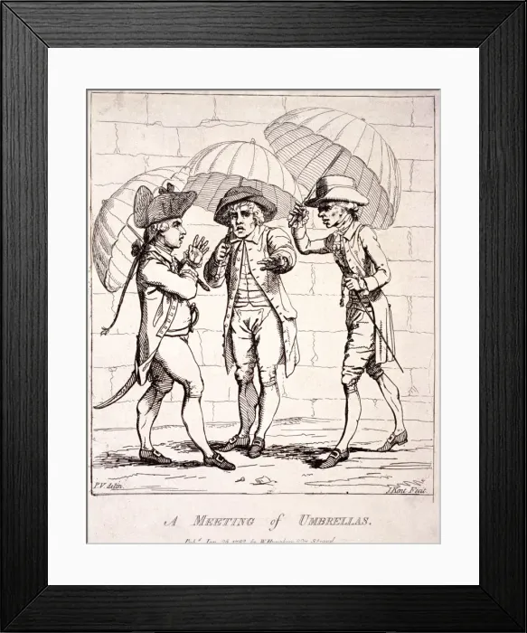 Framed Print : A meeting of umbrellas, 1782. Artist: James Gillray Framed Print : A meeting of umbrellas, 1782. Artist: James Gillray