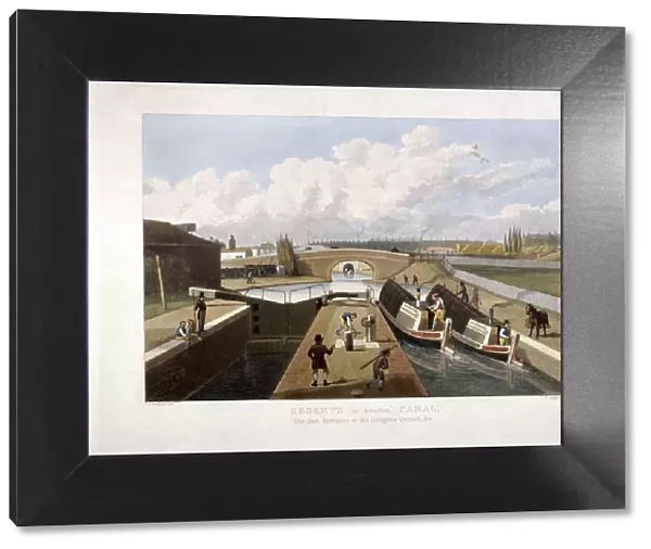 Regents Canal, with barges, Islington, London, 1822. Artist: John Cleghorn