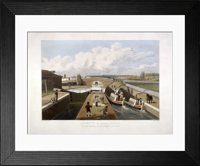 Framed Print : Regents Canal, with barges, Islington, London, 1822. Artist: John Cleghorn Framed Print : Regents Canal, with barges, Islington, London, 1822. Artist: John Cleghorn