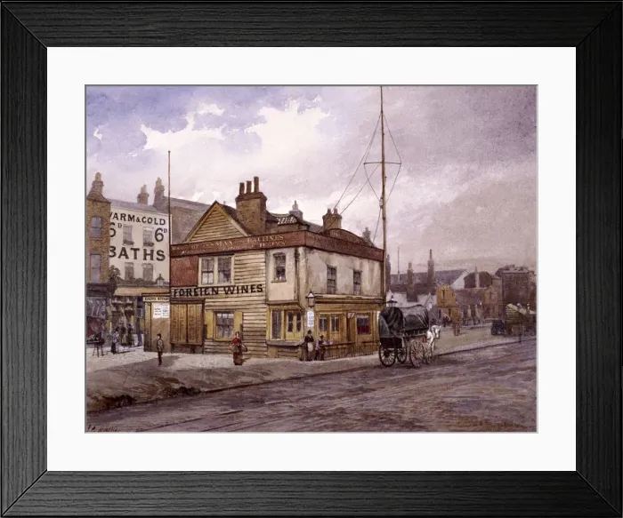 Framed Print : Vine Tavern, Mile End Road, Stepney, London, (c1883?) Artist: John Crowther Framed Print : Vine Tavern, Mile End Road, Stepney, London, (c1883?) Artist: John Crowther