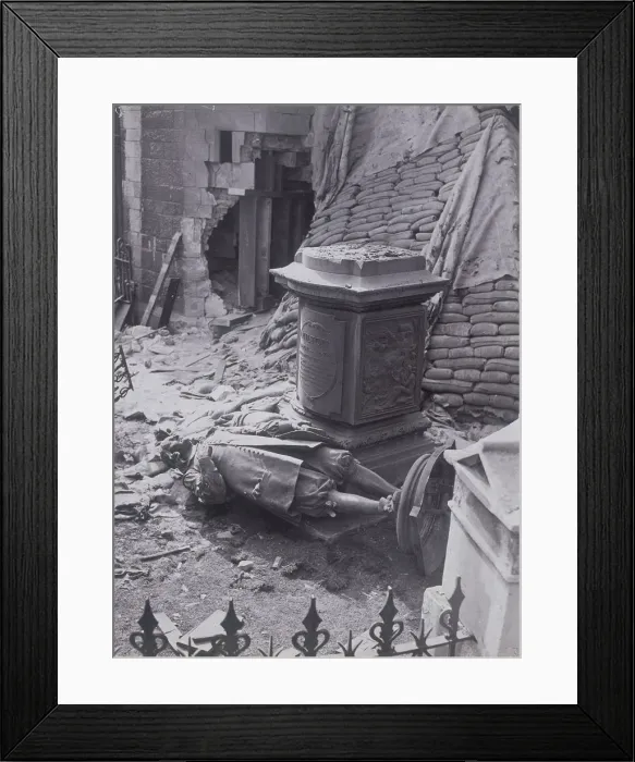 Framed Print : Monument to John Milton and part of St Giles without Cripplegate after bomb damage, c1940 Framed Print : Monument to John Milton and part of St Giles without Cripplegate after bomb damage, c1940