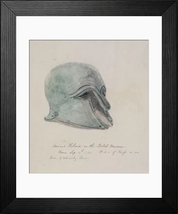 Framed Print : Ancient brass helmet from the British Museum, Holborn, London, 1784 Framed Print : Ancient brass helmet from the British Museum, Holborn, London, 1784