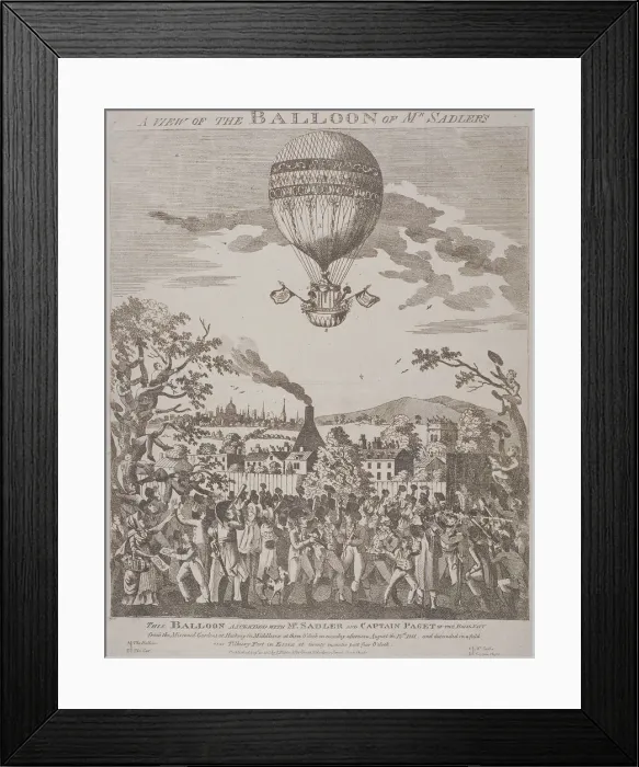 Framed Print : View of James Sadlers balloon over Mermaid Gardens, Hackney, London, 1811. Artist Framed Print : View of James Sadlers balloon over Mermaid Gardens, Hackney, London, 1811. Artist
