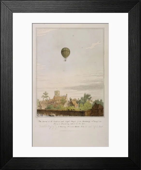 Framed Print : View of James Sadlers balloon over Mermaid Gardens, Hackney, London, 1811. Artist Framed Print : View of James Sadlers balloon over Mermaid Gardens, Hackney, London, 1811. Artist