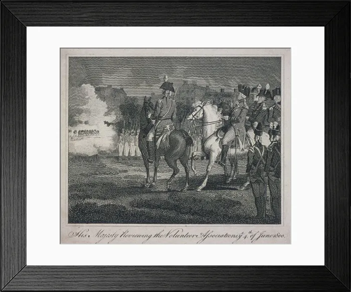 Framed Print : George III, on horseback, reviewing volunteers, City Road, Finsbury, Islington, London, 1800 Framed Print : George III, on horseback, reviewing volunteers, City Road, Finsbury, Islington, London, 1800