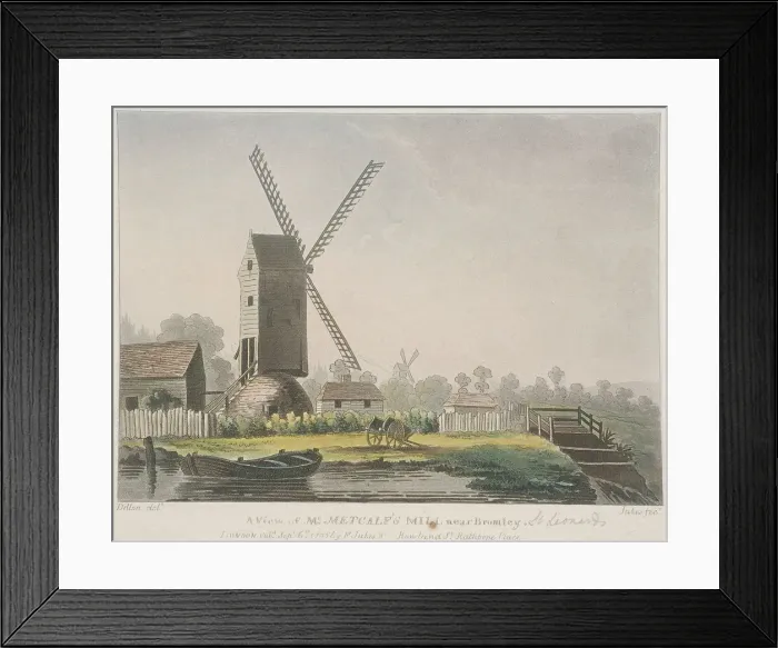 Framed Print : A view of Mr Metcalfs mill near Bromley, Bow, Poplar, London, 1785. Artist Framed Print : A view of Mr Metcalfs mill near Bromley, Bow, Poplar, London, 1785. Artist
