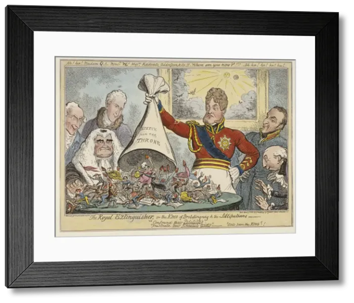 Framed Print : The Royal Extinguisher, or the King of Brobdingnag & the Lilliputians, 1821 Framed Print : The Royal Extinguisher, or the King of Brobdingnag & the Lilliputians, 1821