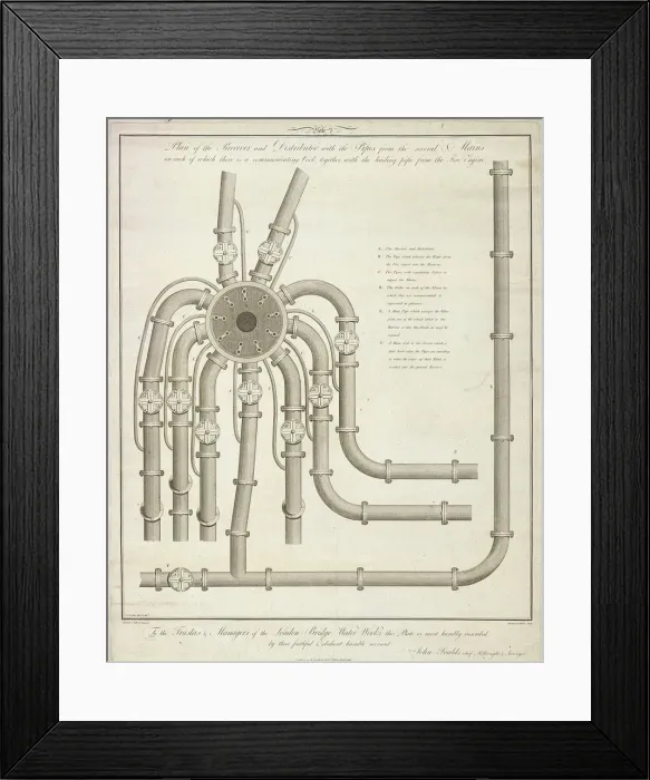 Framed Print : Plan of a receiver and distributor at the London Bridge Waterworks, 1780 (1788). Artist Framed Print : Plan of a receiver and distributor at the London Bridge Waterworks, 1780 (1788). Artist