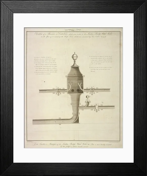 Framed Print : Elevation plan of a receiver and distributor at the London Bridge Waterworks, 1780 (1788) Framed Print : Elevation plan of a receiver and distributor at the London Bridge Waterworks, 1780 (1788)