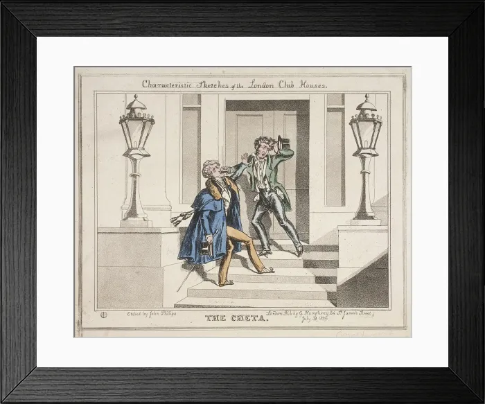 Framed Print : View of two drunken revellers on the steps of Crockfords Club, London, 1829. Artist Framed Print : View of two drunken revellers on the steps of Crockfords Club, London, 1829. Artist