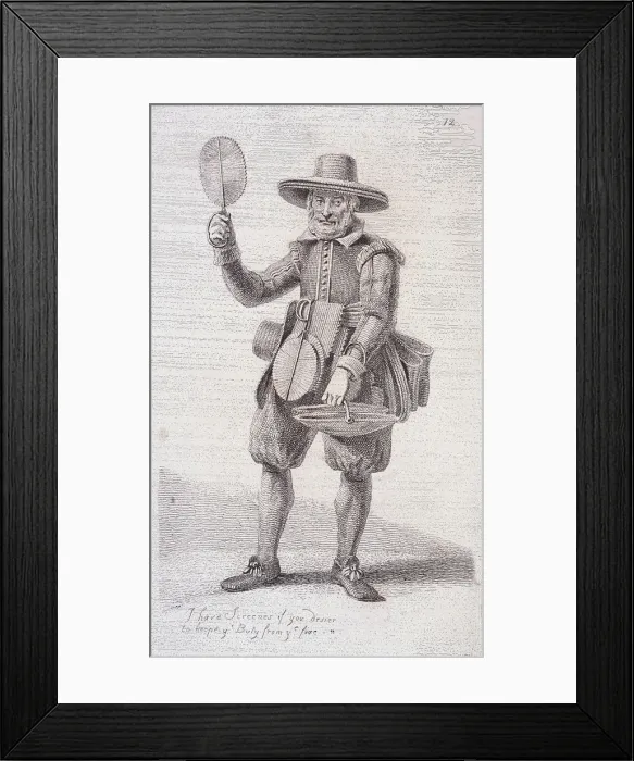 Framed Print : Fire screen seller, c1680, from Cries of London, (c1819?). Artist: John Thomas Smith Framed Print : Fire screen seller, c1680, from Cries of London, (c1819?). Artist: John Thomas Smith