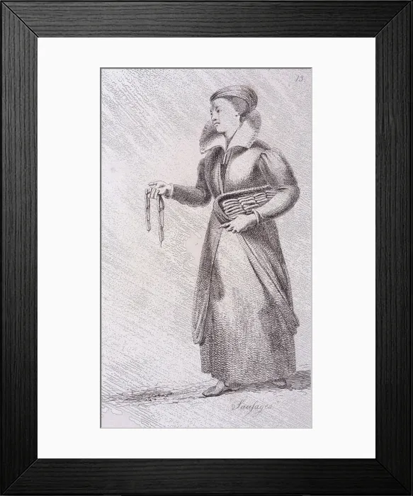 Framed Print : Sausages, c1660, from Cries of London, (c1819?). Artist: John Thomas Smith Framed Print : Sausages, c1660, from Cries of London, (c1819?). Artist: John Thomas Smith