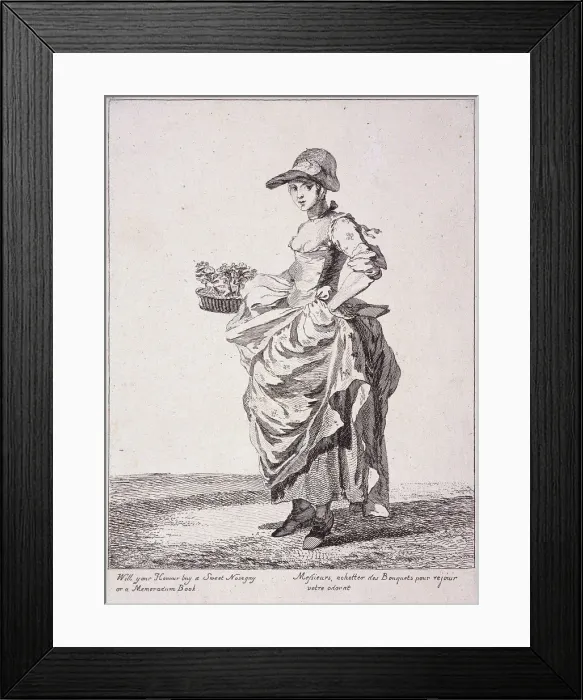 Framed Print : Nosegay and memo book seller, Cries of London, 1760. Artist: Paul Sandby Framed Print : Nosegay and memo book seller, Cries of London, 1760. Artist: Paul Sandby