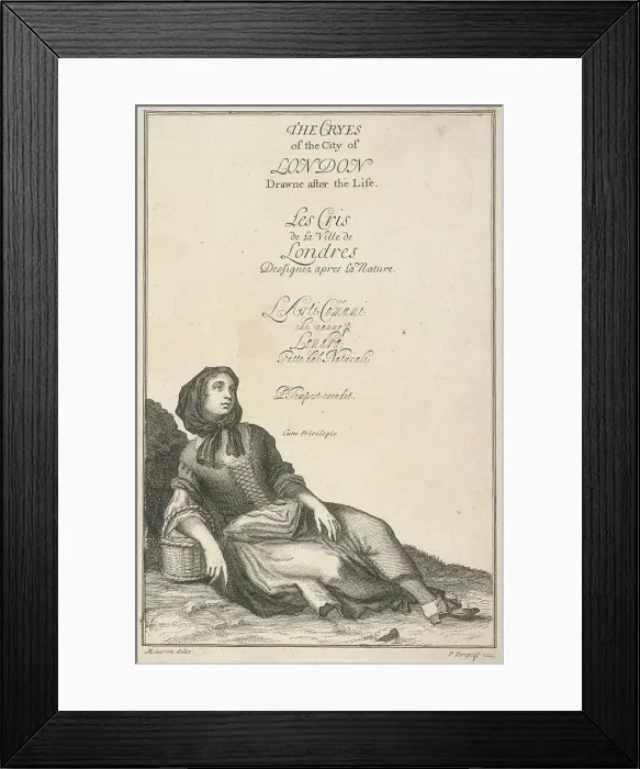 Framed Print : Reclining woman with a basket, Cries of London, (c1688?). Artist: Pierce Tempest Framed Print : Reclining woman with a basket, Cries of London, (c1688?). Artist: Pierce Tempest
