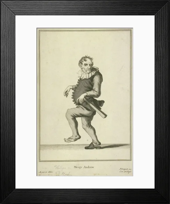 Framed Print : Merry Andrew, possibly a jester or fool, Cries of London, (c1688?) Framed Print : Merry Andrew, possibly a jester or fool, Cries of London, (c1688?)