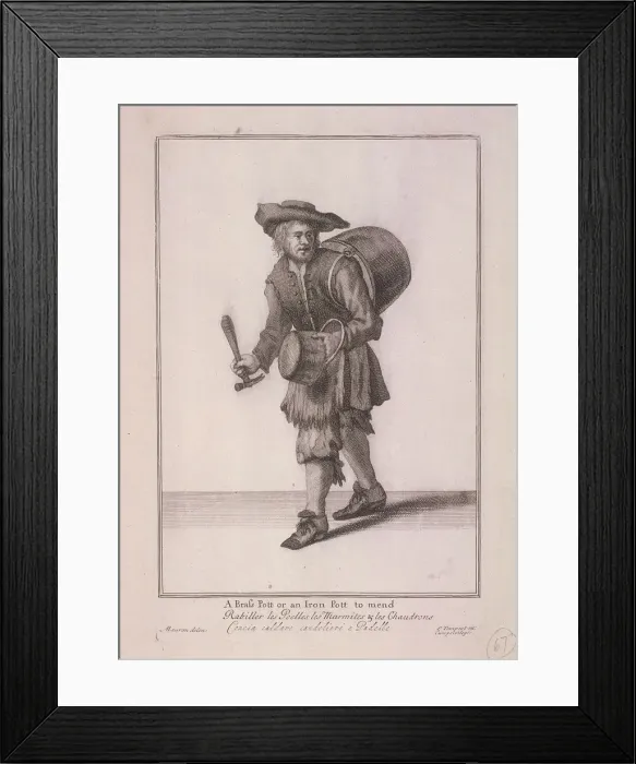 Framed Print : A Brass Pott or an Iron Pott to mend, Cries of London, (c1688?) Framed Print : A Brass Pott or an Iron Pott to mend, Cries of London, (c1688?)