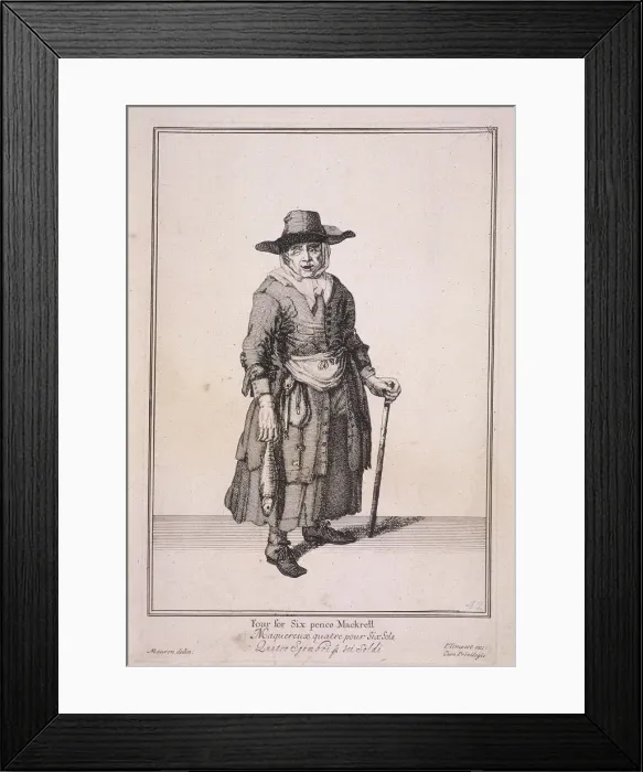 Framed Print : Four for Six pence Mackrell, Cries of London, (1688?) Framed Print : Four for Six pence Mackrell, Cries of London, (1688?)