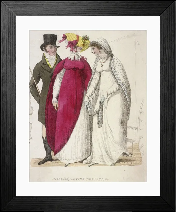Framed Print : Two women wearing walking dresses accompanied by a man, c1810. Artist: W Read Framed Print : Two women wearing walking dresses accompanied by a man, c1810. Artist: W Read