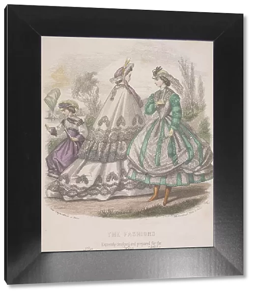 Two women and a child with a butterfly net model the latest fashions, 1864