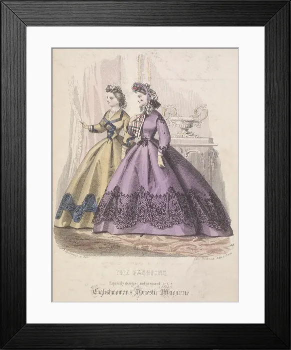 Framed Print : Two women model the latest fashions, 1864 Framed Print : Two women model the latest fashions, 1864