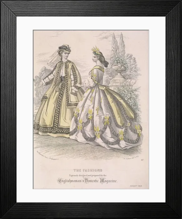 Framed Print : Two women model the latest fashions, 1863 Framed Print : Two women model the latest fashions, 1863