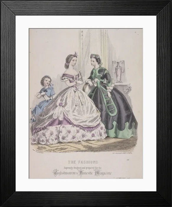 Framed Print : Two women and a child wearing the latest fashions, 1864 Framed Print : Two women and a child wearing the latest fashions, 1864