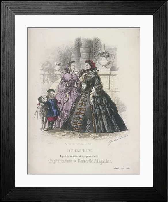Framed Print : Two women and a child with a dog wearing the latest fashions, 1860 Framed Print : Two women and a child with a dog wearing the latest fashions, 1860