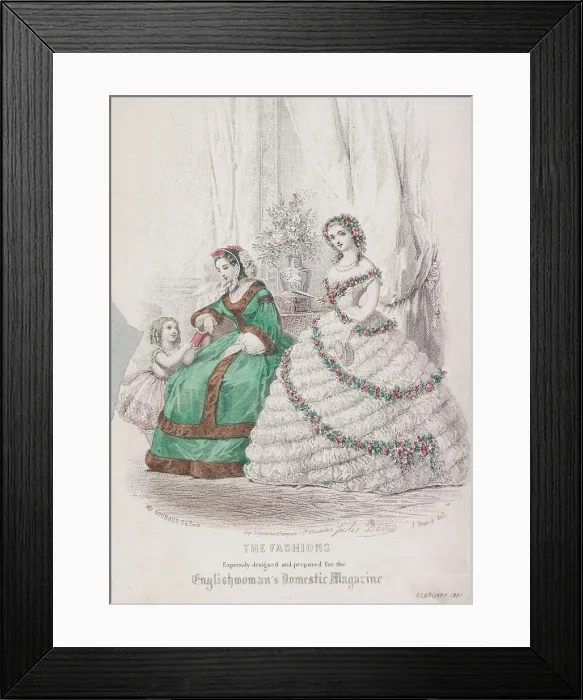 Framed Print : Two women and a child wearing the latest fashions, 1861 Framed Print : Two women and a child wearing the latest fashions, 1861