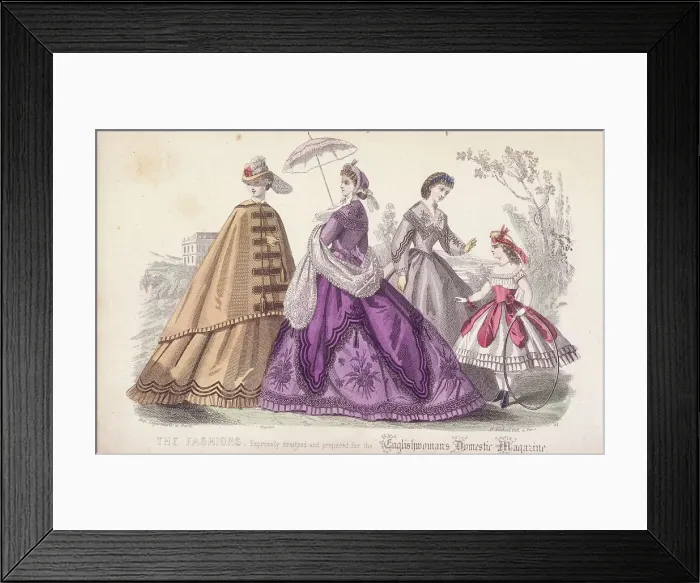 Framed Print : Three women and a child wearing the latest fashions, 1864 Framed Print : Three women and a child wearing the latest fashions, 1864