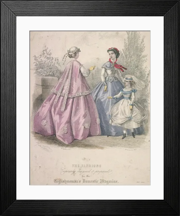 Framed Print : Two women and a child wearing the latest fashions, 1866 Framed Print : Two women and a child wearing the latest fashions, 1866